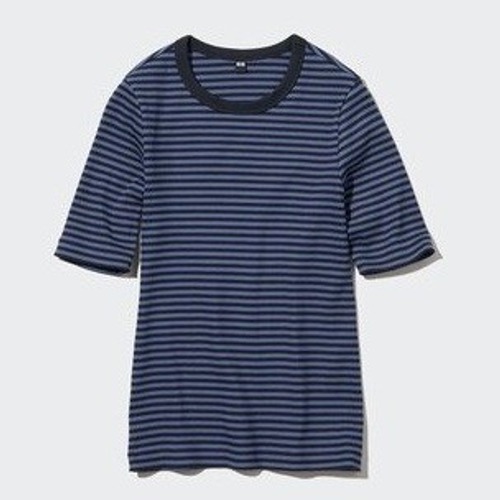 Uniqlo Blue Striped Ribbed Short Sleeve Top Sz Xl Grunge Indie Sleaze